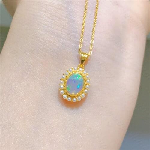 Luxury atmosphere hot sale style natural opal necklace hanging 925 silver womens necklace electroplating gold craft