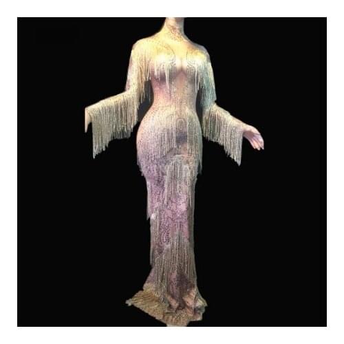 Sexy Long Tassel Dress Gold Rhinestones Fringes Dress Stage Wear Big Stretch Dress Singer Evening Performance wear