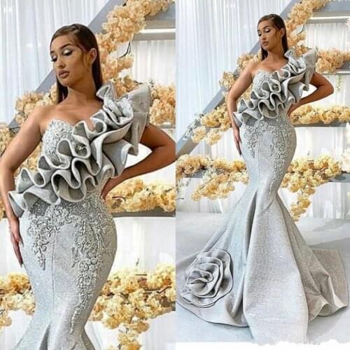 Silver One Shoulder Evening Dresses Long Lace Appliqued Mermaid Prom Dress Luxury Beaded Ruffles Formal Party Gowns 2020