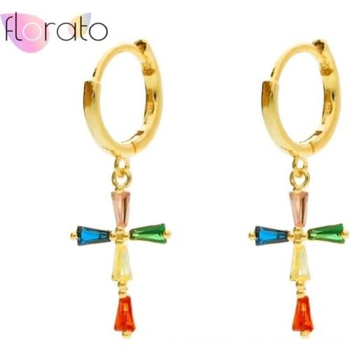 925 Sterling Silver Ear Buckle Cross Pendant Hoop Earrings Colorful Crystal Dangle Drop Earrings For Women Fashion Jewelry Gift