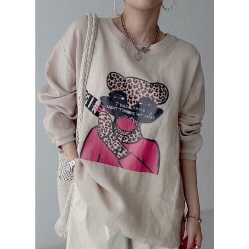 GLODTAOS Oversized Top Femme Casual Loose Cartoon Print Split T-Shirt Women Long Sleeve White O-neck Crop Top Mujer