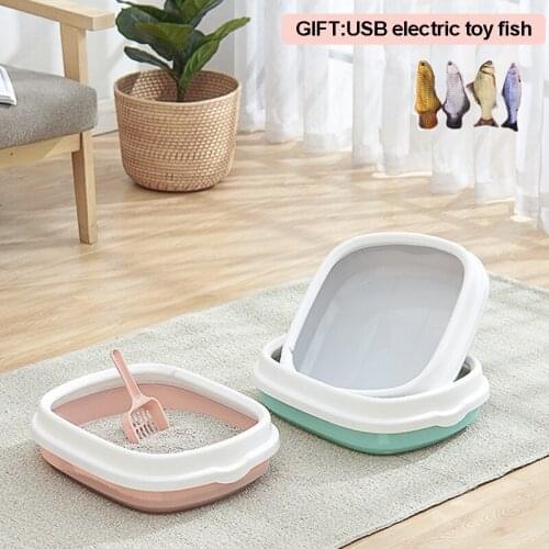 Pet Cat Toilet Anti Splash Cats Bedpan Litter Box with Scoop Semi-Closed Cat Toilet Solid Color Plastic Pet Cat Supplies