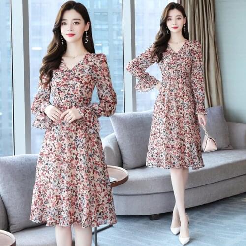 2021 Vintage Plus Size Long Sleeve Dresses Autumn Winter Korean Floral Chiffon Midi Dress Women Elegant Bodycon Party Vestidos