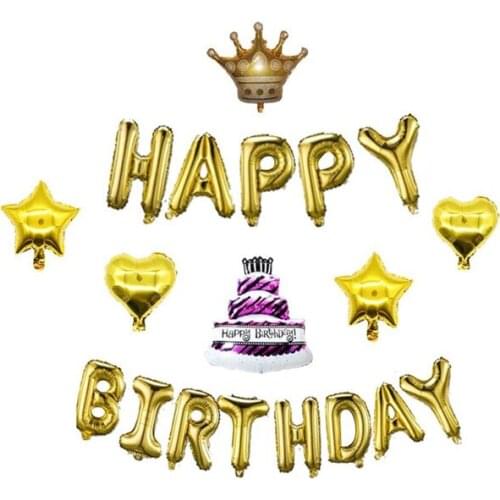 Happy Birthday Balloons Banner with 2pcs Star Mylar Balloons 2pcs Heart Mylar Balloons 1pcs Crown balloon 1pcs Cake Balloon