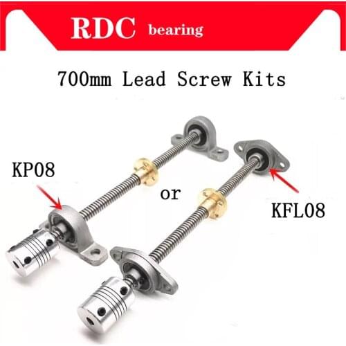High quality T8 Lead screw 700 mm 8mm + brass copper nut + KP08 or KFL08 bearing Bracket +Flexible Coupling for 3D printer&CNC