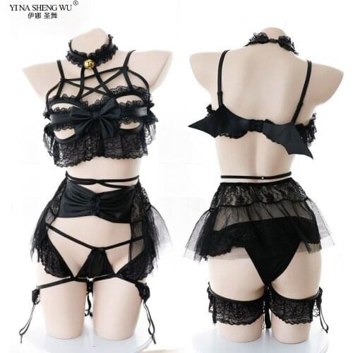 Japanese Womens Devil Wings Cosplay Costumes Sexy Bandage Lingerie Set Lolita Anime Shouw Bikini with Wings Halloween Costumes
