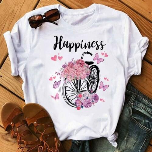 New Fashion Women T Shirt Happiness Flower Bicycle Women Tshirt Harajuku Short Sleeve T Shirts Cartoon Casual Woman Tops Tees