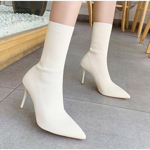 Womens Shoes Stretch Fabric Sock Boots Autumn Winter Mid-calf boots Sexy Ladies Thin High Heels Pointed Toe Female Pumps 2021