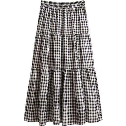 Women Skirt Plaid 2021 New Spring and Summer Mid-Length Skirt Korean Elastic High Waist Student A-Line Stitching Aesthetic Skirt