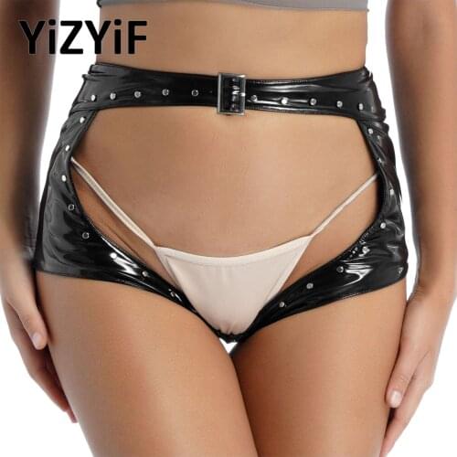 Women PU Leather Open Front Boxer Brief Sexy Hot Pants Rivet Mistress Costume