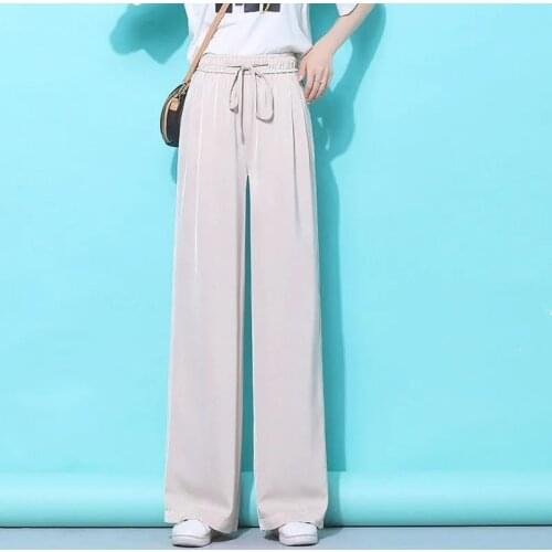 Women Spring Summer High Waist Cupra Wide-Leg Pants 2021 Female Lce Silk Pants Acetate Loose Straight Casual Pants Trousers A128