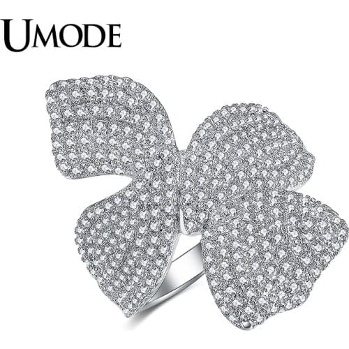 UMODE Flower Cocktail Rings for Women Fashion Jewelry White Gold Color Bowknot Cubic Zirconia Aneis Feminino Lady Gift AUR0385