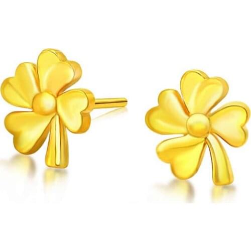 New Arrival Pure 24K Yellow Gold Earrings Ladys Flower Stud Earrings