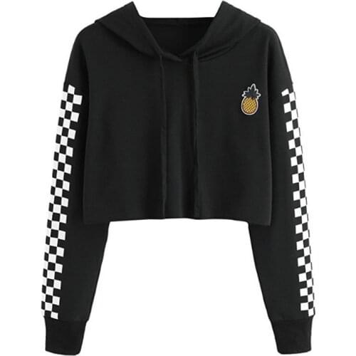 Women Sweatshirts Crop Hoodies 2020 Autumn Pineapple Print Hooded Long Sleeve Short Sweatshirt Sweet Style Girl Pullover