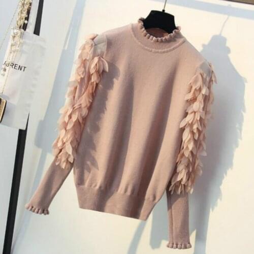 Women Mesh Spliced Knitted Pullovers Loose Jumpers 3D Petals Sleeves Flowers Sweater Decor Stand Ruffles Collar Crop Tops Autumn