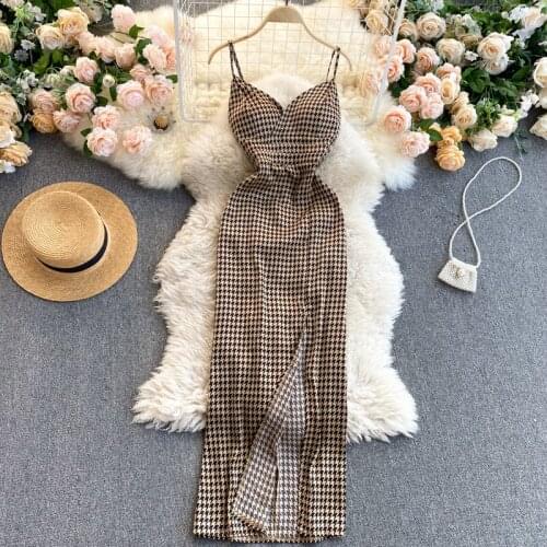 2021 New Summer Women Sexy V-Neck Off Shoulder Split Hem Strap Dress High Quality Houndstooth Vintage Runway Long Dress