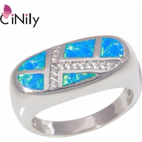 CiNily Created White Blue Fire Opal Cubic Zirconia Silver Plated Wholesale for Women Jewelry Engagement Ring Size 5-12 OJ9383-4