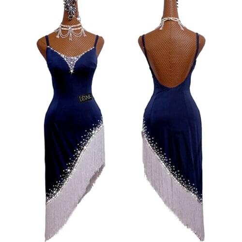 Blue Latin Dance Competition Dress Women Rhinestone Fringe Dance Clothes Rumba Dress Latin Show Costume Customize Size BL6746