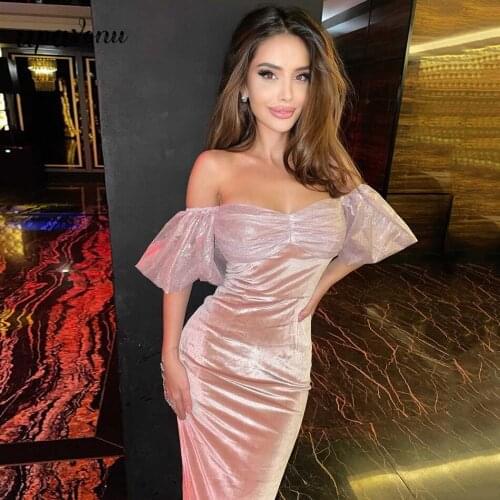 Free Shipping 2021 Summer Women Velvet Dress Sexy Card Shoulder Lantern Sleeve Bodycon Midi Dress Club Night Party Dress Vestido