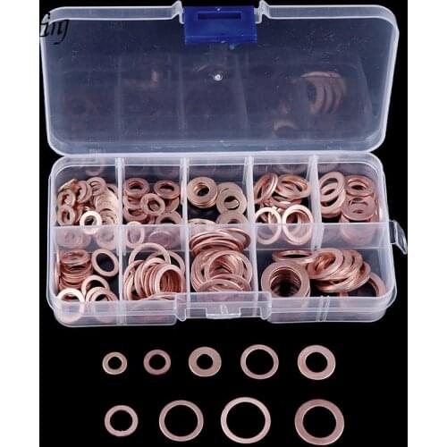 200Pcs/Box Copper Washer Gasket Nut And Bolt Set Flat Ring Seal Assortment Kit Included 9 Types