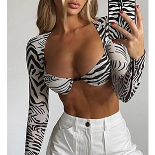2021 Sexy Mesh See Through Women Crop Tops Summer Fashion Zebra Print Female T-shirts New Long Sleeve Slim Street Ladies Clothes