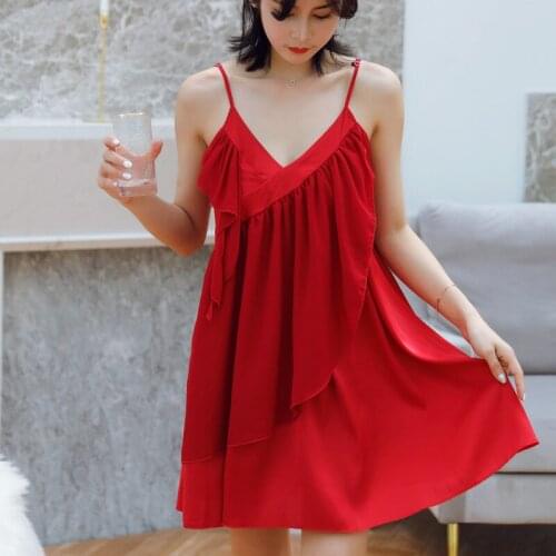 2022 good quality sexy spaghetti straps V neck Ruffles Silk Chiffon Patchwork nighgowns sleepwear women sexy nightgowns AD553