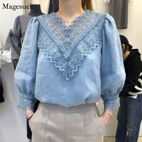 Korean Sweet White Cotton Women Tops and Blouses Spring Lace Stitching V-neck Elegant Blouse Long Sleeve Female Shirt 13527