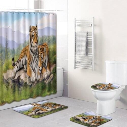 Animal Tiger Print Bathroom Carpet Cover Four-piece Waterproof Shower Curtain Absorbent Non-slip Mat Bath Cushion Cover