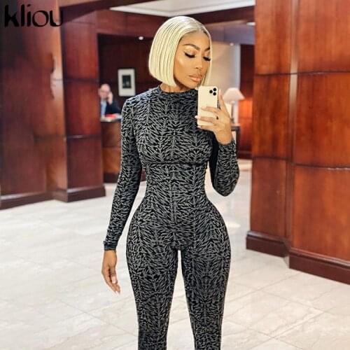 Kliou Zipper Print Street Style Jumpsuit Womens 2021 Skinny Slim Workout Active Wear Overalls Casual Fitness One Piece Outfits