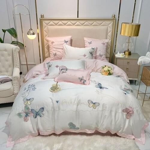 2021 Super Smooth and soft as silk Set Embroidery Bedding Sets Queen Size 4/7pcs Bed Sheet Butterfly Duvet Cover Sets