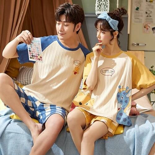 Summer Couple Pajamas Cotton Patchwork Short Sleeve + Plaid Shorts 2Pcs Lovers Homewear Korean Kawaii Cartoon Maiden Sleepwear