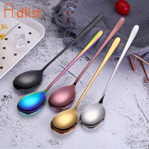 5pcs Korean Dinner Spoon Long Rainbow Stainless Steel Dessert Fruit Juice Mixing Coffee Spoon Serving Scoop Kitchen Tableware