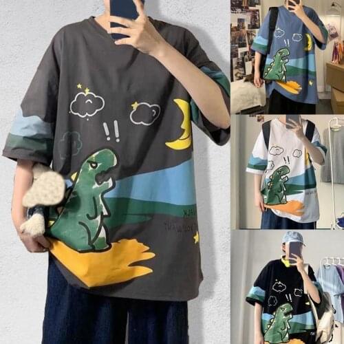 Fashion Design T-shirt Short New Printed MenShirts Homme Sleeve Round Neck Polyester Loose Fit Cartoon Shirt for Dating Male Tee