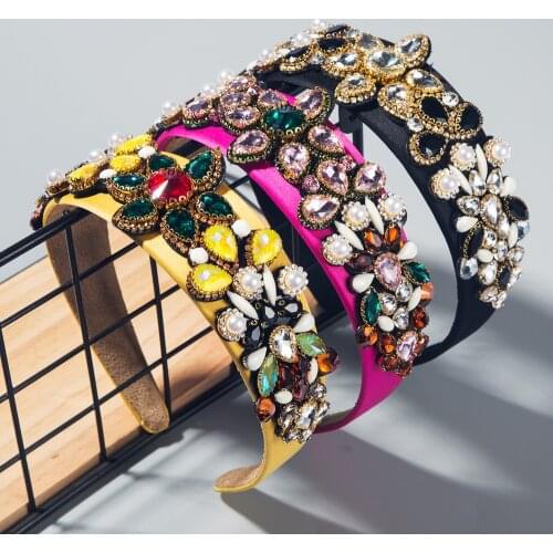 New Satin Fabric Women Luxury Bling Rhinestone Headband Crystal Flower Colorful Diamond Hairband Headwear Hair Accessories