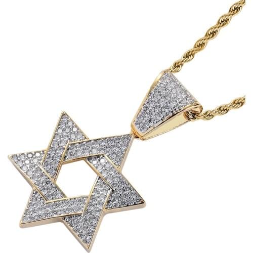 New six pointed star micro inlaid zircon mens necklace David star hip hop pendant accessories one hair substitute
