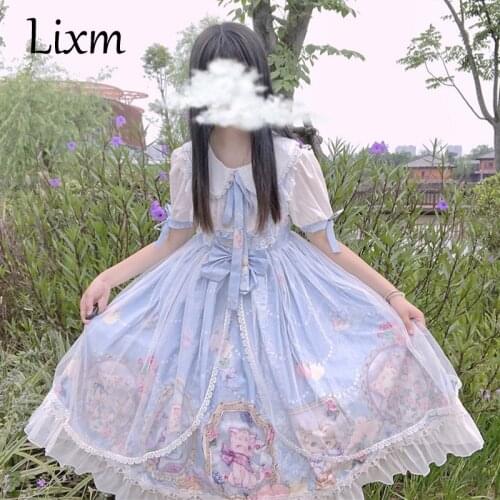 Japanese Style Victorian Sweet Lolita Cat Printing Dress Daily Summer Kawaii Cartoon Sweet Dresses Fairy Cosplay Costume