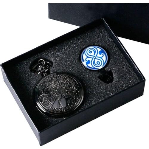 Popular Movie Black Doctor Who Pocket Watch Necklace Chain Analog Quartz Fashion Pendant Fob Watches Gift Set for Men Boy + Box