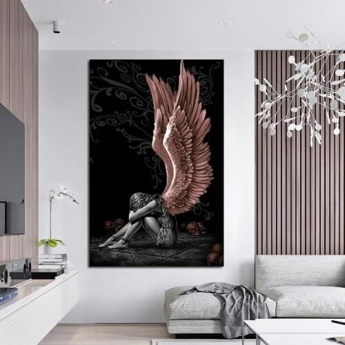 Angel and Demon Portrait Art Painting Color and Grey Character Wings Skull Wall Art Poster Prints for Modern Home Decoration
