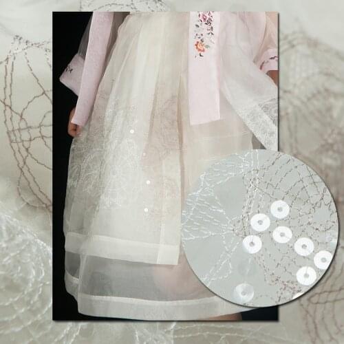 Transparent white embroidery silk organza fabric with sequins,sculptural,sewing for wedding,shirt,dress,skirt,craft by the yard