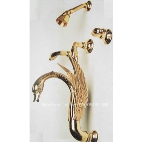 Free shipping gold PVD finish 5 pc swan bathtub shower faucet with showerhead Complete 3 Handle Tub & Deluxe Shower Set