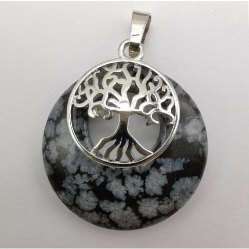Snowflake Obsidian Stone GEM Circle Tree of life Pendant Jewelry For Woman Gift S306