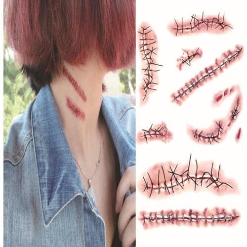 Scars Tattoos With Fake Scab Bloody Makeup Halloween Decoration Wound Scary Blood Injury Sticker Halloween Decoration