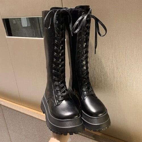 2020 Winter New Black Womens Boots Luxury Brand Designplus Velvet Platform Lace-up Motorcycle Mid-calf Boots High Platform