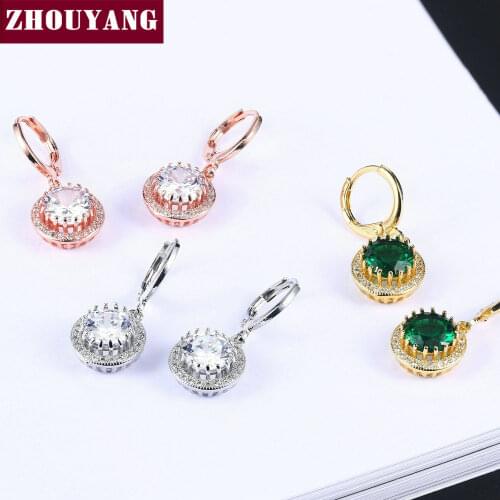 ZHOUYANG Drop Earring For Women Classic Round Cut Cubic Zirconia Rose Gold Silver Color Wedding Gift Fashion Jewelry E551 E825