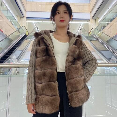 Real Fur Cardigan Female Warm Hooded Coat Natural Fox Fur Trim High Quality Slim Jacket Winter Knitted Sweater