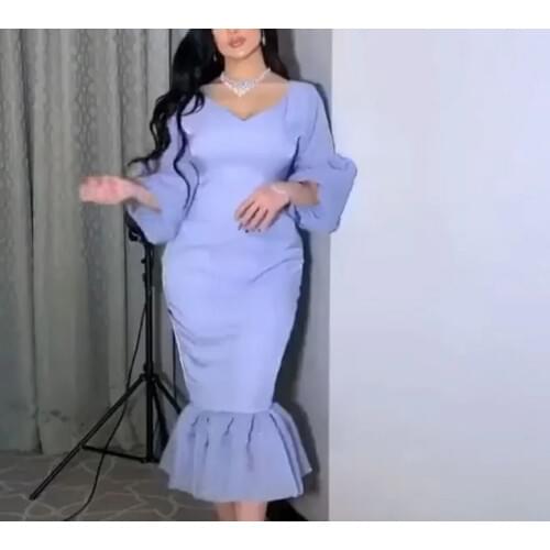 Vintage Long Sleeve Lilac Satin V-Neck Mermaid Evening Dresses Tea Length Zipper Back Ruffled Formal Party Gowns for Women