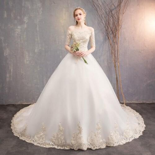 2020 Elegant Lace Embroidery Wedding Dress Boat Neck Half Sleeve Wedding Gown With Train Plus Size Bridal Dress Vestido De Noiva