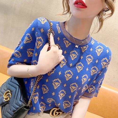 2021 Promotion 20734 Non Real Shot Net Red Picture Round Neck Floret Short Sleeve Knitted T-shirt 30