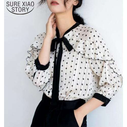 2021 Chiffon Blouse Bow Blusas Half Button Womens Tops and Blouses Batwing Sleeve Ladies Tops Shirts Dot Ruffles Tops 5255 50