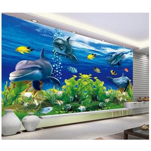 3D wall murals wallpaper custom picture mural wall paper Underwater World 3D Dolphin TV Backdrop wall murals bedroom wall decor